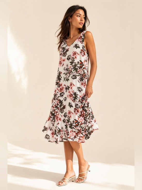 Dresses & Skirts - Romantic Linen Floral Midi Dress Ruffle Hem Effortless Chic Cream Olive Coral M